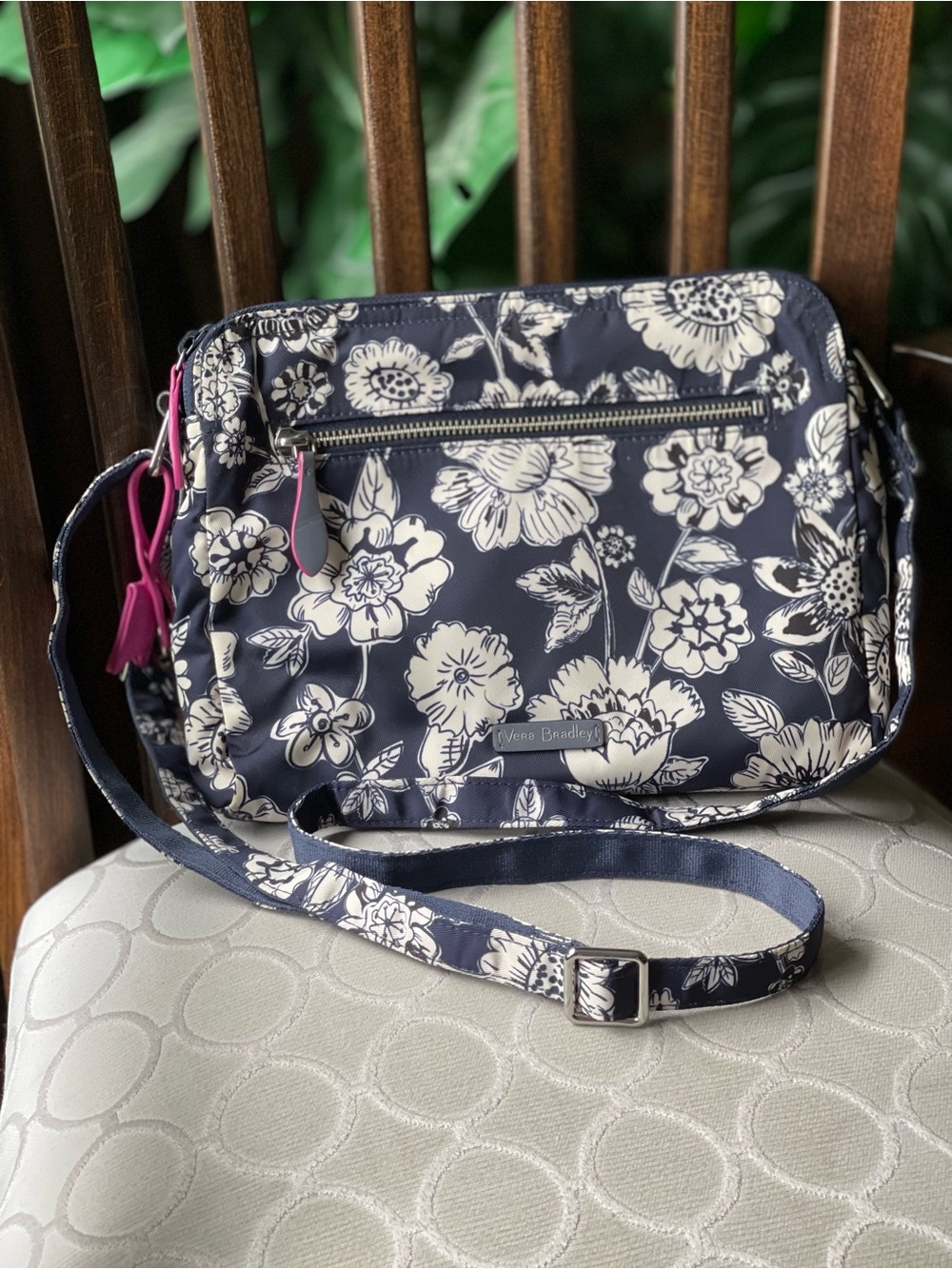 Vera Bradley Navy and Cream Floral Crossbody with Pink Accent